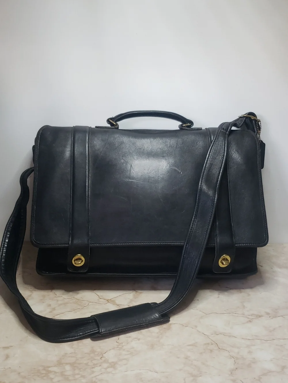 Coach Classic Black Leather Messenger Bag with Shoulder Strap